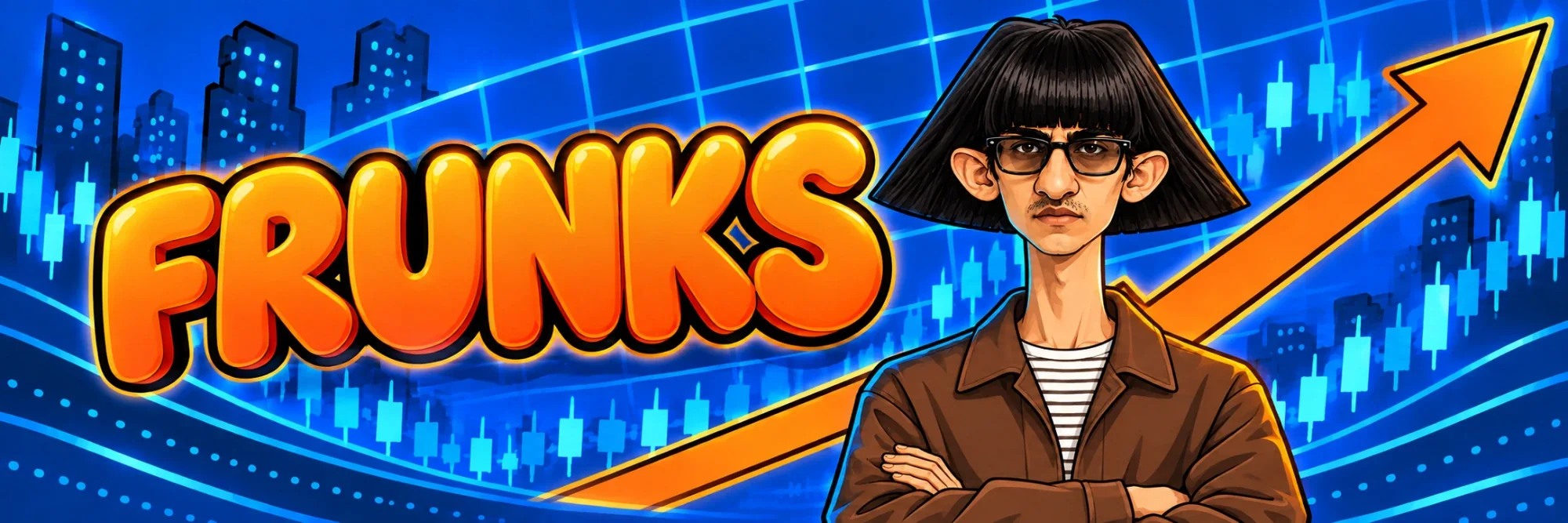 FRUNKS banner: the orange FRUNKS wordmark next to Frunks with his arms crossed, over blue candles and a rising arrow