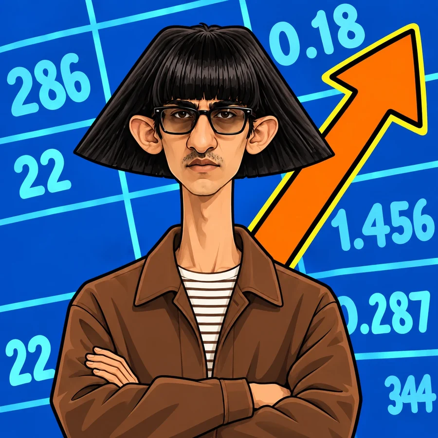 Frunks Ashford: a thin man with a huge flat black bowl haircut, glasses and a brown jacket, arms crossed in front of a blue spreadsheet and an orange arrow pointing up