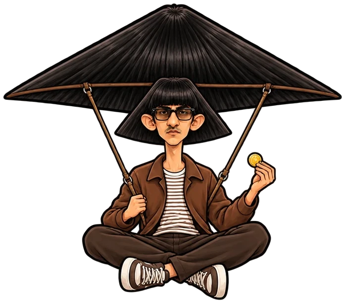 Frunks sitting cross-legged under a hang glider made of his haircut, holding a coin